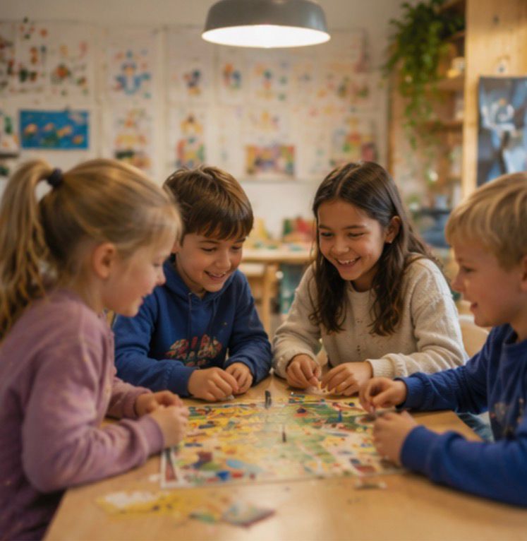 föreställer barn som spelar brädspel